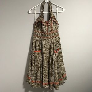 Aryeh floral tan orange halter flare dress M